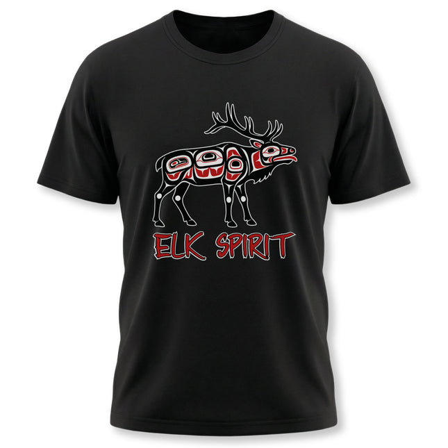 Native American formline art elk graphic tee featuring "ELK SPIRIT" text.