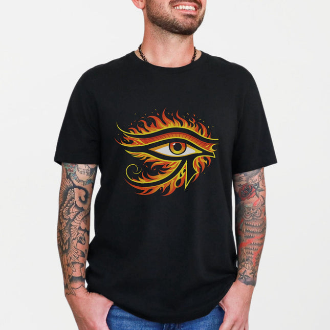 Eye of Ra Fire T-Shirt | Ancient Egyptian God Symbolic Graphic Print Tee