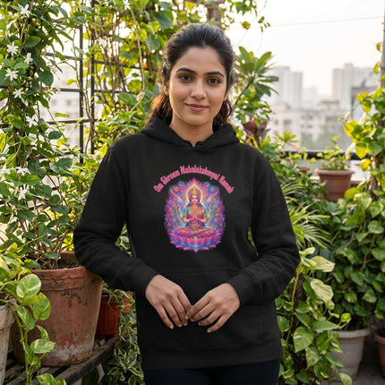 Black hoodie featuring Goddess Lakshmi and the Om Shreem Mahalakshmyai Namah mantra.