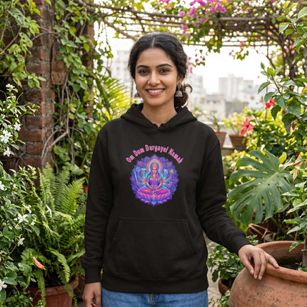 Black hoodie featuring the Om Dum Durgayei Namah mantra and vibrant Durga Goddess mandala art.