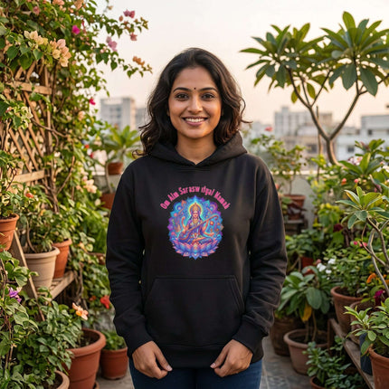 Om Aim Saraswatyai Namah Saraswati Goddess spiritual hoodie with colorful mandala art.