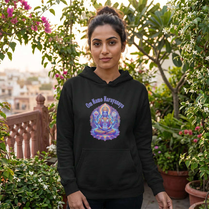 Om Namah Narayanaya mandala design on a black spiritual hoodie.