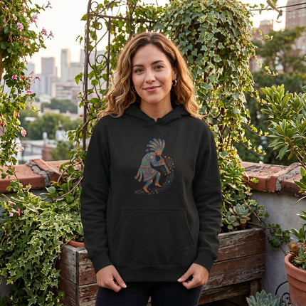 Kokopelli flute player graphic on black hoodie, featuring vibrant Southwestern Native American art.