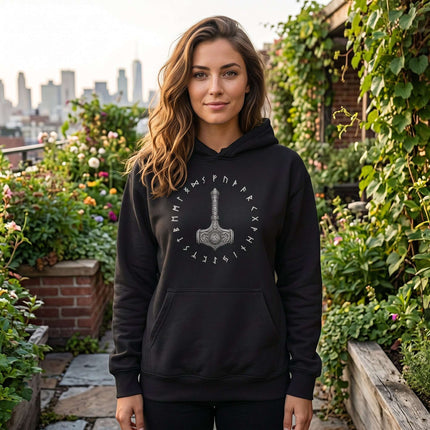 Black Mjolnir Thor's Hammer runic hoodie with Norse mythology runes.