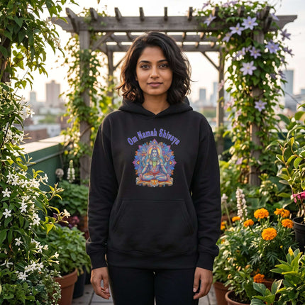 Lord Shiva spiritual mandala graphic with Om Namah Shivaya text on black pullover hoodie.