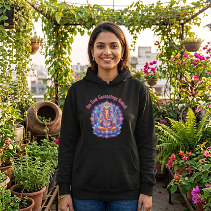 Vibrant Ganesha mandala hoodie featuring the Om Gam Ganapataye Namah mantra print.