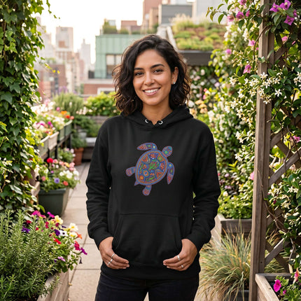 Vibrant Huichol art turtle graphic on a black unisex pullover hoodie.
