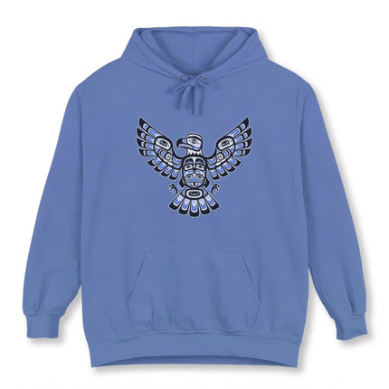 Haida Eagle Formline Art graphic on a blue hoodie. Pacific Northwest Indigenous design.