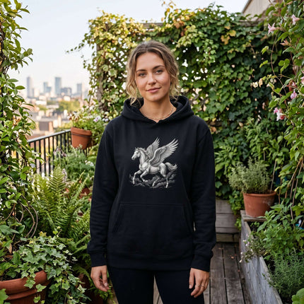 Winged Pegasus horse illustration on a black pullover hoodie, featuring Greek mythology art.