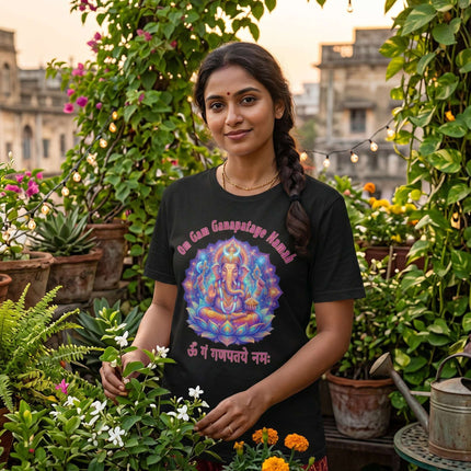 Psychedelic Ganesha mandala t-shirt featuring the Om Gam Ganapataye Namah mantra print.