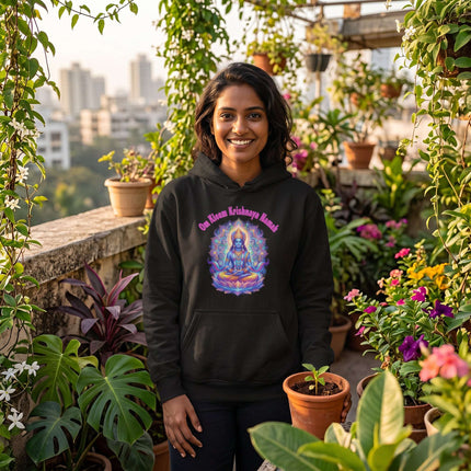 Black pullover hoodie featuring Om Kleem Krishnaya Namah spiritual mandala art design.