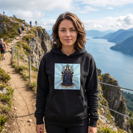 Frigg, Queen of Asgard, Norse goddess mythology graphic on black pullover hoodie.