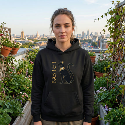 Black Bastet cat hoodie featuring Egyptian goddess graphic and text.
