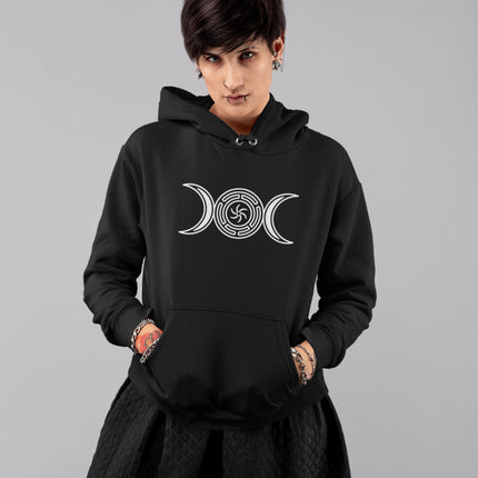 Hekate's Wheel Triple Moon Goddess design on a pagan witchcraft pullover hoodie.