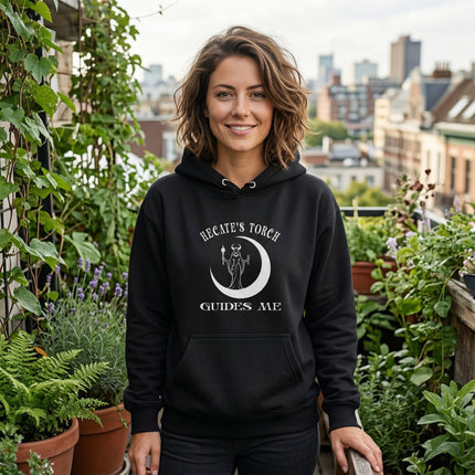 Hecate's Torch Guides Me hoodie design with crescent moon and goddess aesthetic.