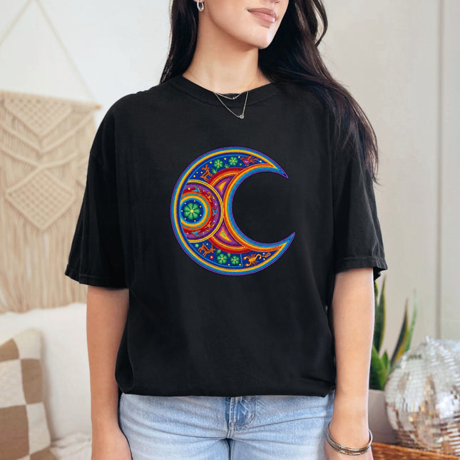 Huichol Inspired Crescent Moon Graphic T-Shirt | Colorful Mexican Art Tee