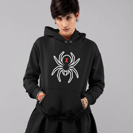 Black Widow spider graphic print on a gothic unisex pullover hoodie.