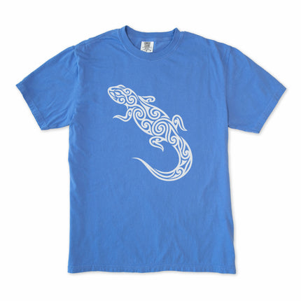 Tribal lizard swirl pattern graphic printed on a comfortable unisex t-shirt.
