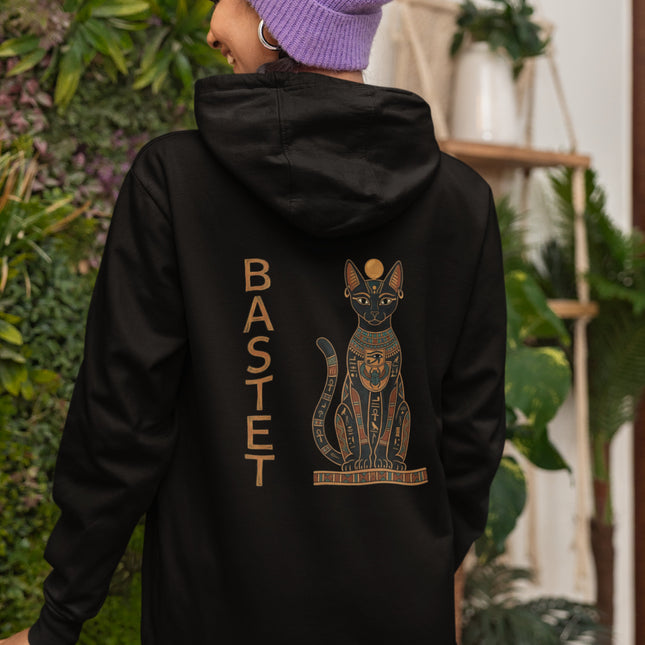 Bastet Egyptian cat goddess print and name on a black pullover hoodie.