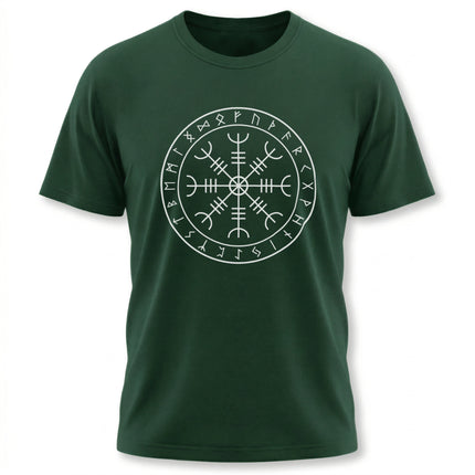 Norse Aegishjalmur rune circle graphic tee on a dark green t-shirt. Viking mythology apparel.
