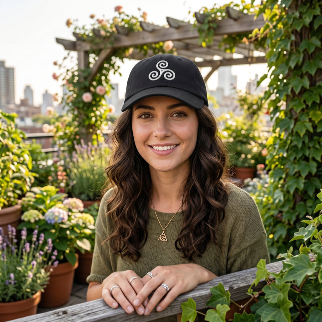 Black embroidered Triskelion baseball cap featuring a white Celtic spiral symbol.