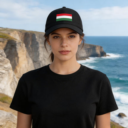 Black baseball cap featuring the Hungarian flag design: red, white, and green stripes.
