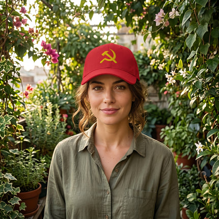 Red embroidered cap featuring the Hammer and Sickle communist symbol.