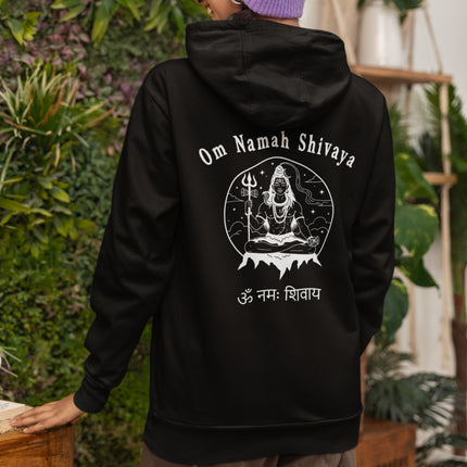 Om Namah Shivaya Lord Shiva mantra graphic on black spiritual hoodie.