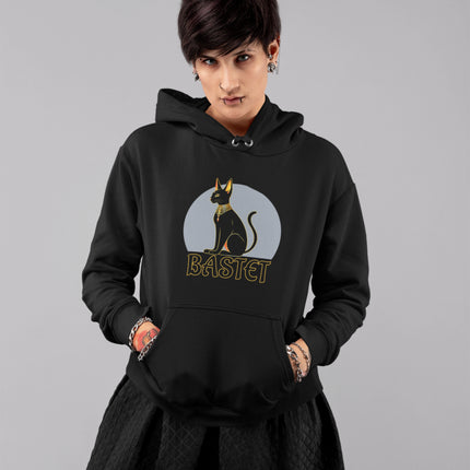 Ancient Egyptian Bastet cat goddess graphic pullover fleece hoodie with symbolic text.
