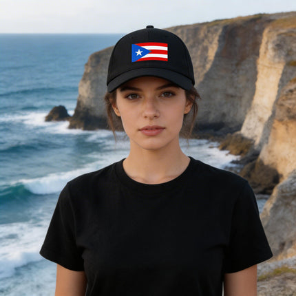 Black baseball cap featuring the Puerto Rico flag. Show your PR pride and cultural spirit.