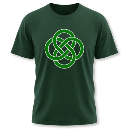 Dark green t-shirt with a bright green Celtic knot graphic. Features an interwoven infinity symbol design.