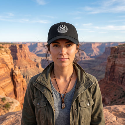 Black embroidered dad hat featuring the I'itoi Man in Maze sacred geometry symbol.