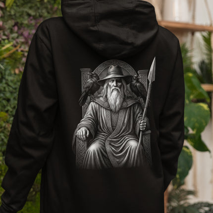 Norse Odin graphic: Allfather with ravens and spear, Viking mythology design print.