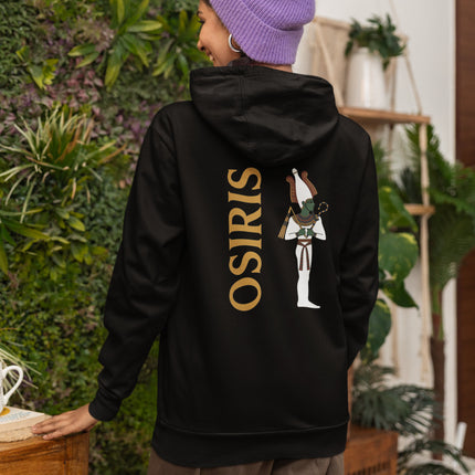 Black hoodie featuring Osiris, the Egyptian god, graphic and name print.