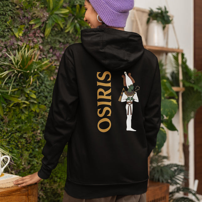 Black hoodie featuring Osiris, the Egyptian god, graphic and name print.