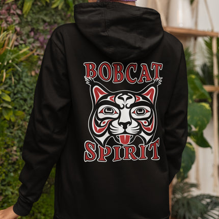 Bobcat Spirit tribal art graphic on a black pullover hoodie.