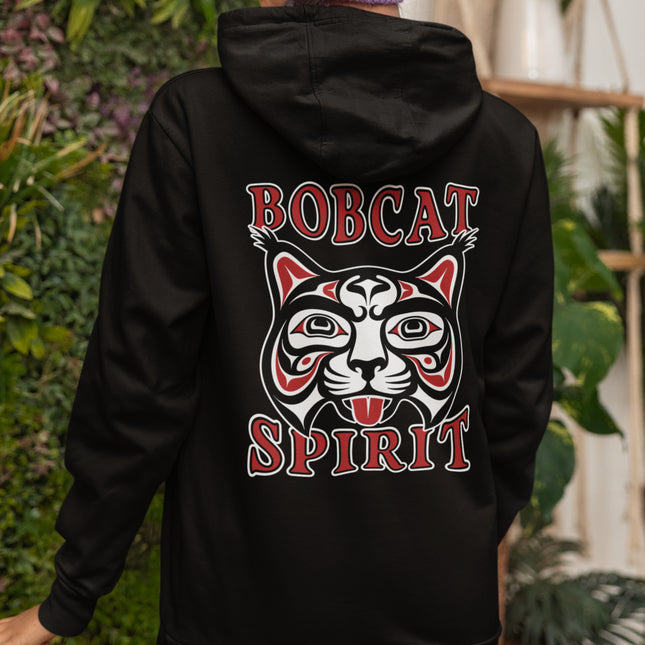 Bobcat Spirit tribal art graphic on a black pullover hoodie.