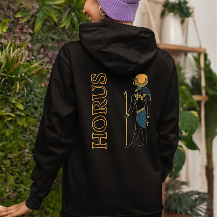 Horus Egyptian god graphic on black hoodie with gold lettering and falcon design.