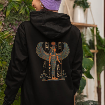 Isis Egyptian goddess art print on black hoodie, featuring ancient mythology and divine feminine motifs.