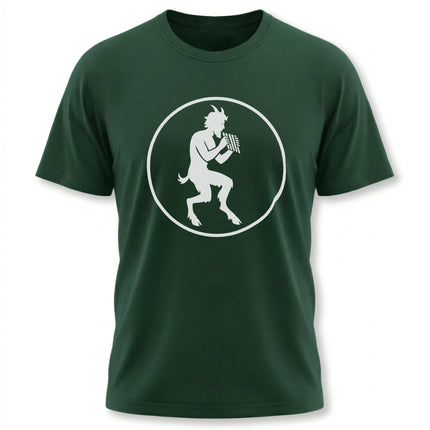 Greek Pan satyr silhouette playing panpipes on a unisex graphic tee.