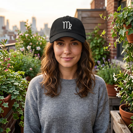 Black embroidered Virgo zodiac symbol baseball cap.