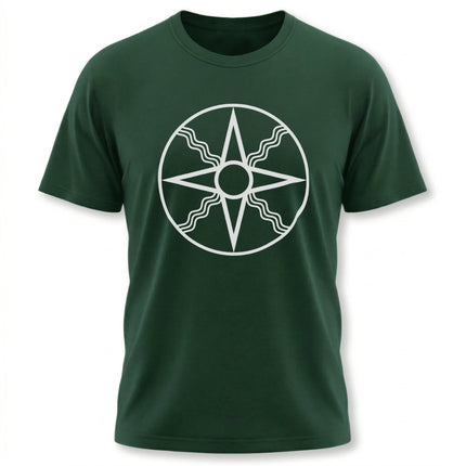 Shamash Mesopotamian sun symbol graphic on a dark green unisex t-shirt.