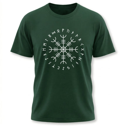 Viking t-shirt featuring the Aegishjalmur (Helm of Awe) and circular Norse runes graphic design.