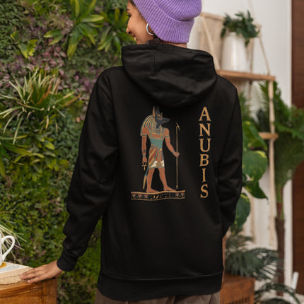 Anubis Egyptian jackal god graphic on a black mythology hoodie.
