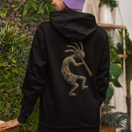 Colorful Kokopelli flute player design featuring southwestern tribal art on a black hoodie.