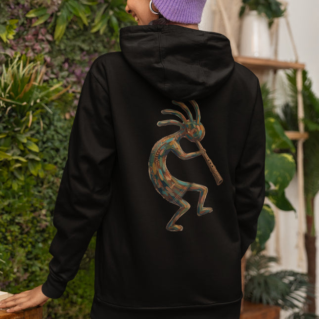 Colorful Kokopelli flute player design featuring southwestern tribal art on a black hoodie.