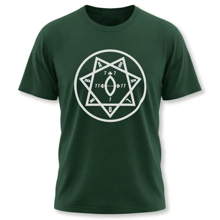 Thelema Star of Babalon heptagram graphic tee featuring the 777 occult symbol.