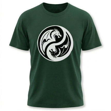 Yin Yang dragon symbol graphic tee, featuring black and white Chinese mythology art.