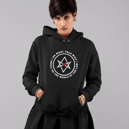Unicursal Hexagram Hoodie featuring "Do What Thou Wilt" text design on a unisex pullover fleece.