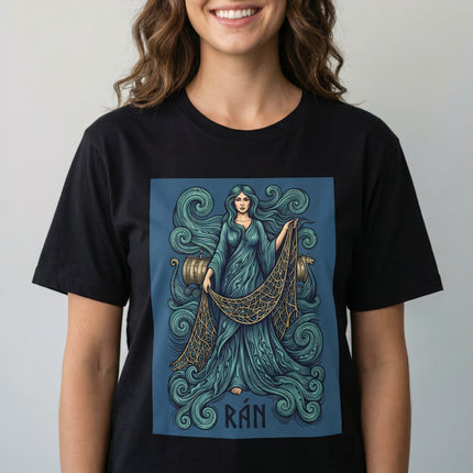 Rán Norse Sea Goddess graphic tee featuring detailed ocean waves and mythological net art.